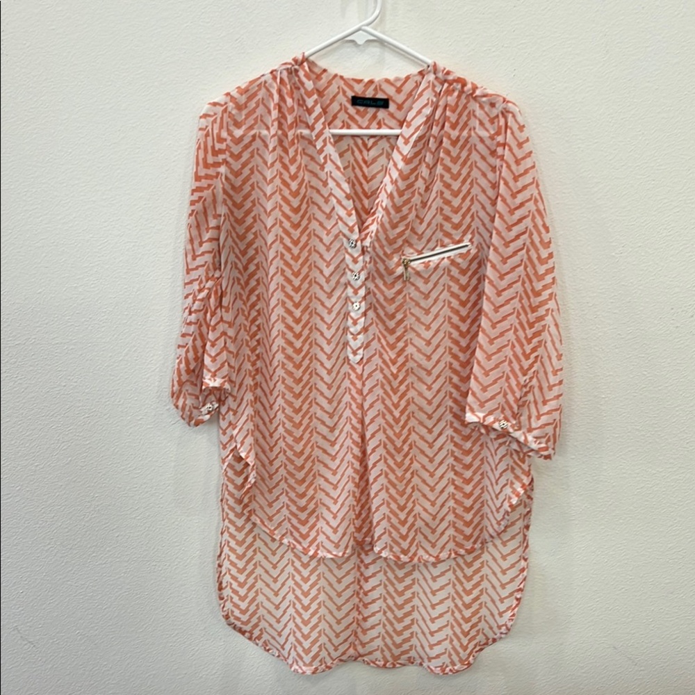 CALS Tunic Sheer Half Button Blouse 3/4 Sleave Women’s sz Lg